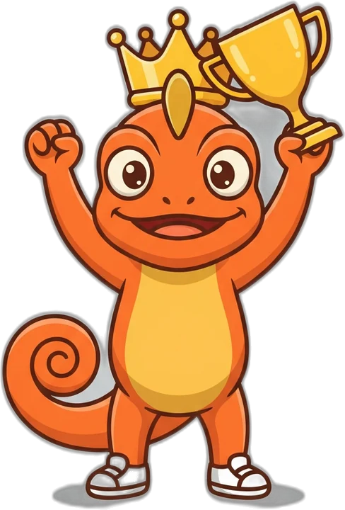 Niner the chameleon with a crown and a trophy