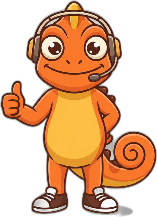 Niner the chameleon in a headset giving a thumbs up