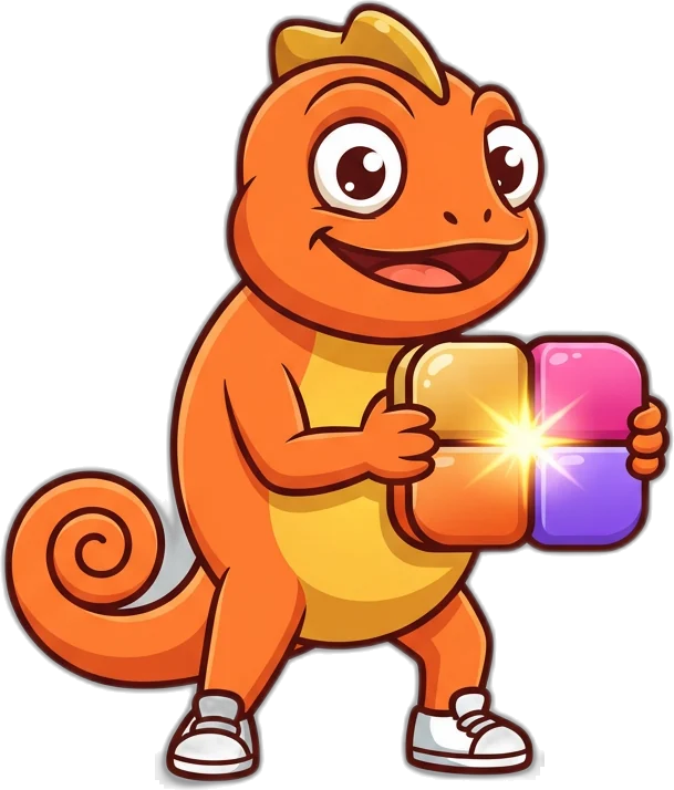 Niner the chameleon pushing two puzzle tiles together