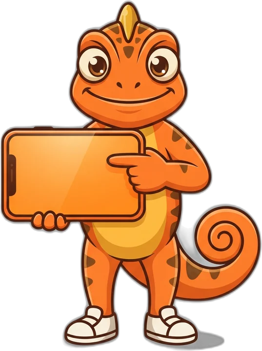 Niner the chameleon pointing at a phone screen