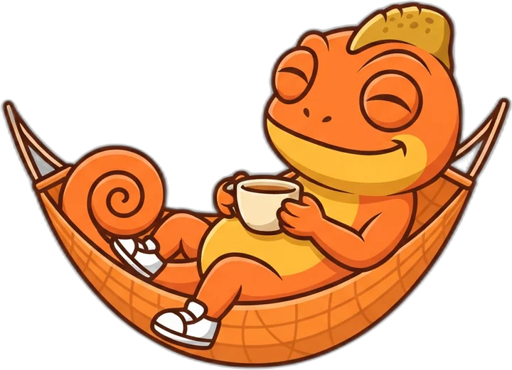 Niner the chameleon resting in a hammock with tea
