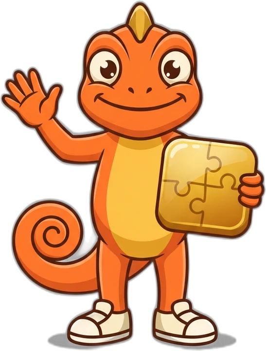 Niner the chameleon waving and holding a golden tile